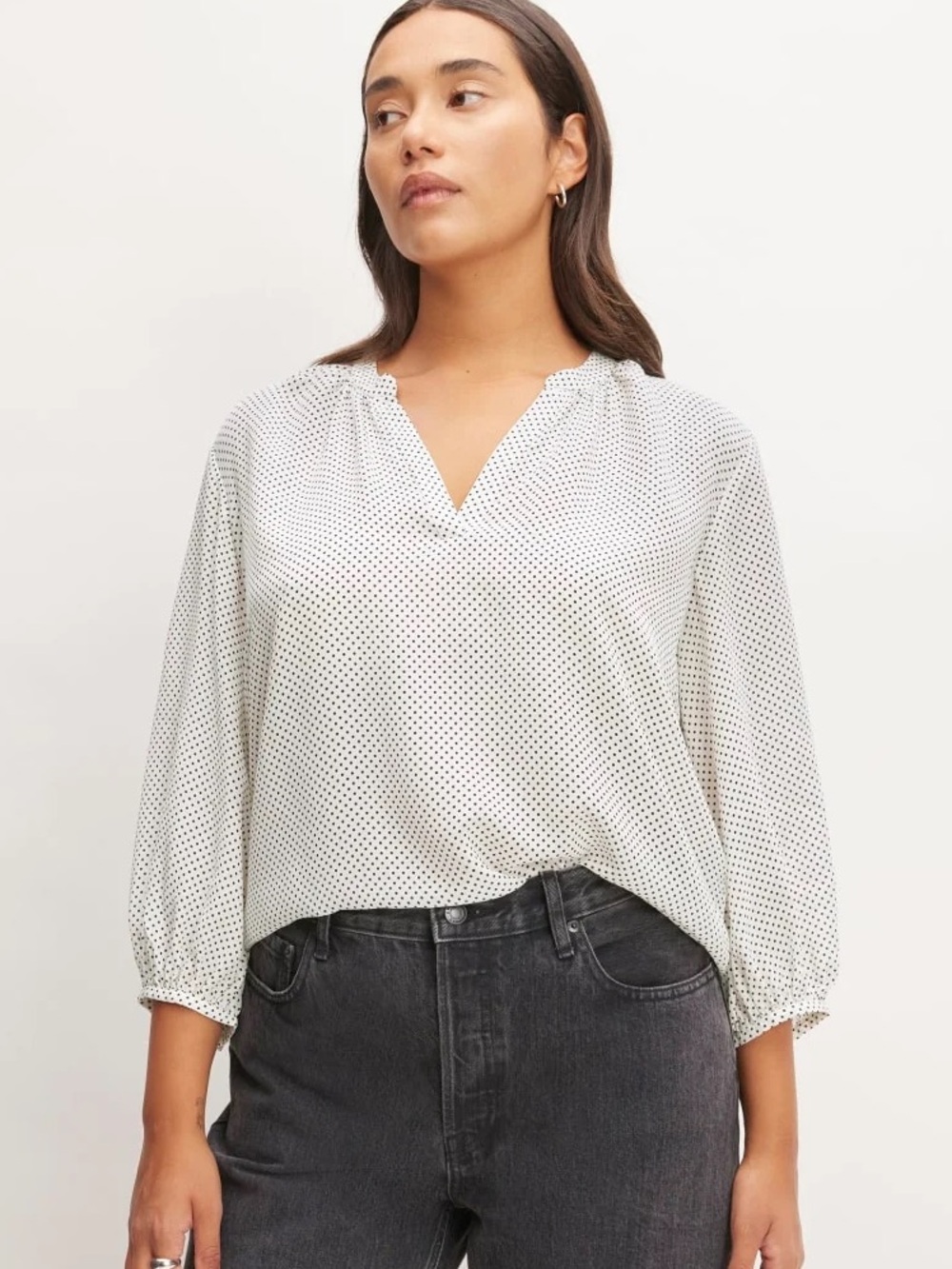 NWT Everlane The Washable Clean Silk V-Neck Top in Bone / Black Polka Dot sz 10